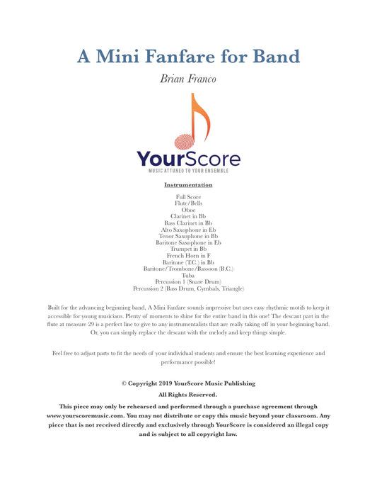 cover page of a mini fanfare for band, a customizable beginning band music pdf