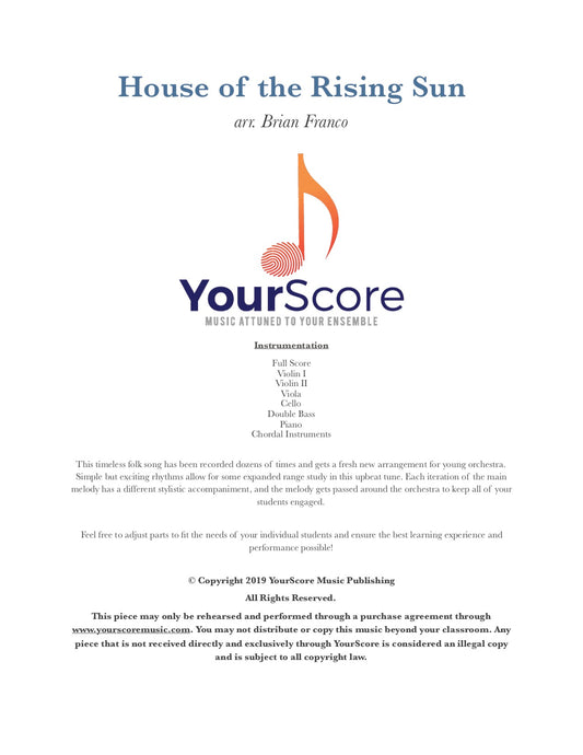 cover page of House of the Rising Sun, an adaptable elementary orchestra music. YourScore logo and descriptive text.