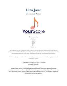 cover page of Liza Jane by Amanda Franco, an adaptable elementary orchestra piece. YourScore logo and descriptive text.