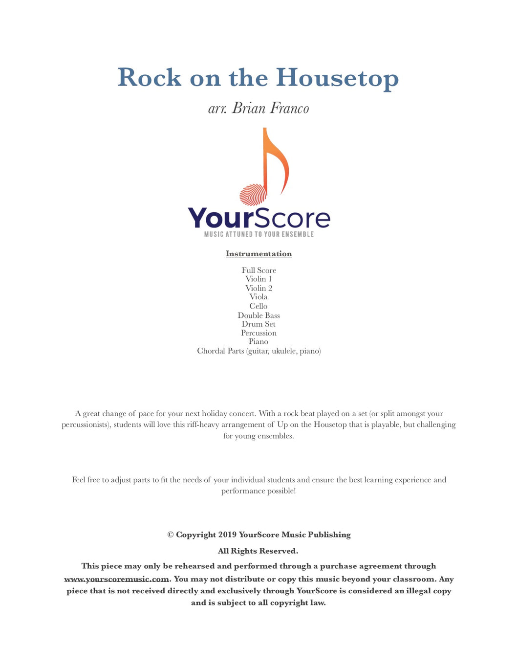 cover page of Rock on the Housetop, an adaptable piece of middle school orchestra music by Brian Franco