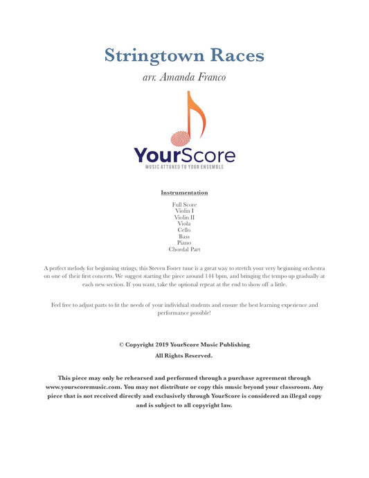 cover of Stringtown Races, an adaptable piece of beginning orchestra music by Amanda Franco
