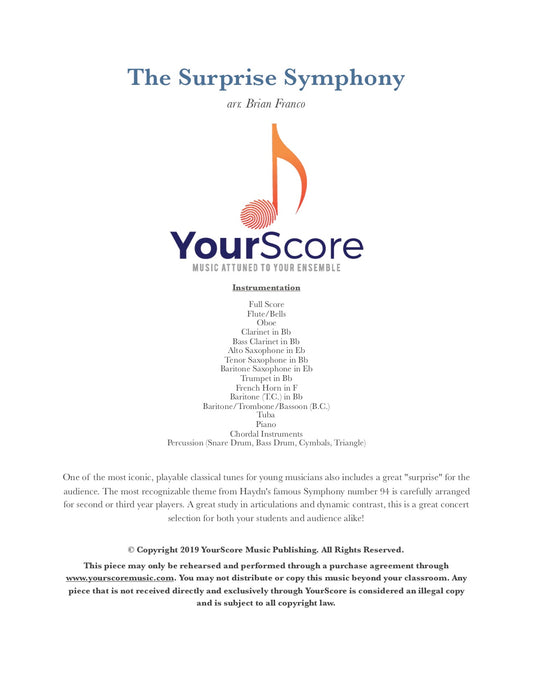 cover of The Surprise Symphony, beginning band music. Customizable and adaptable sheet music.