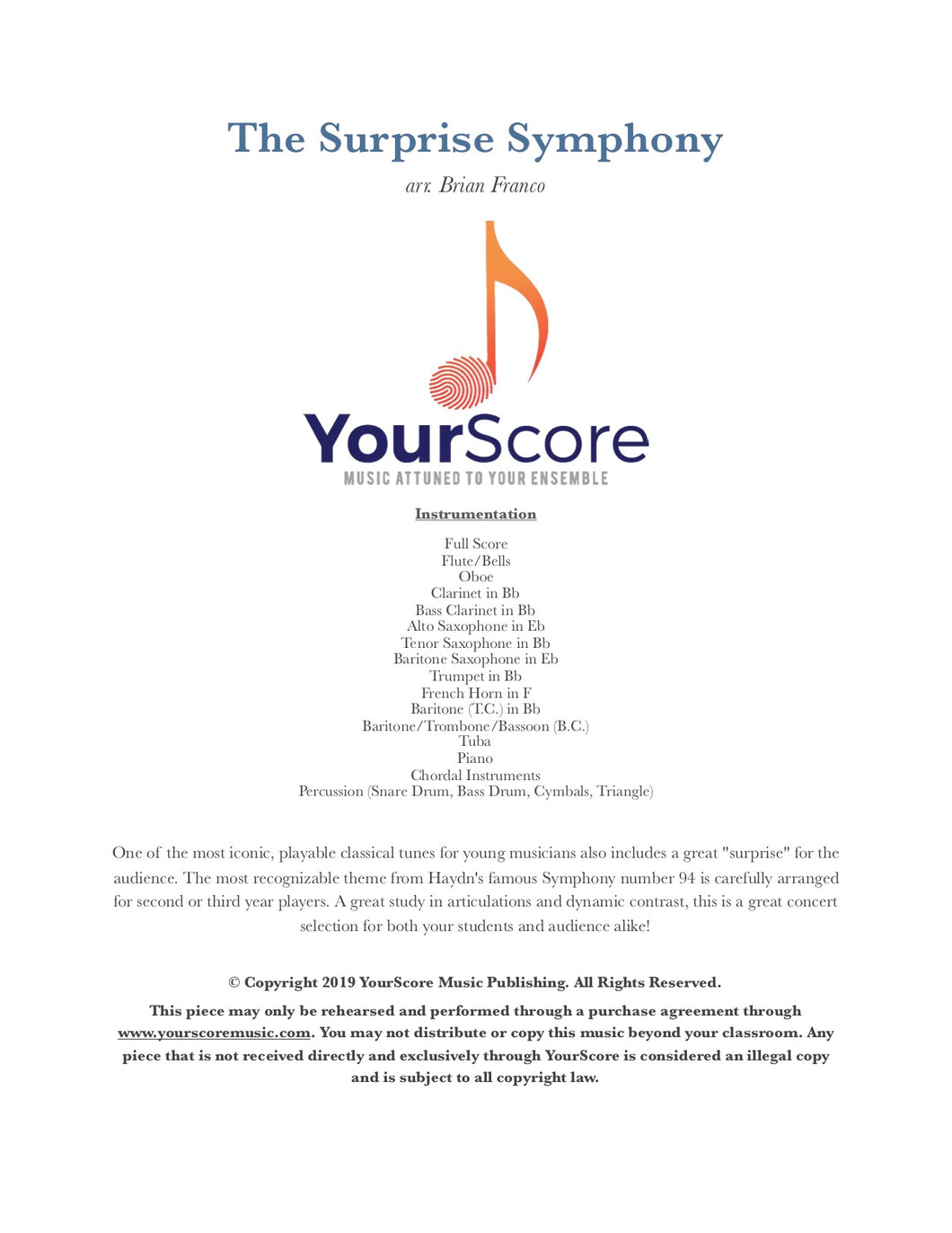 cover of The Surprise Symphony, beginning band music. Customizable and adaptable sheet music.